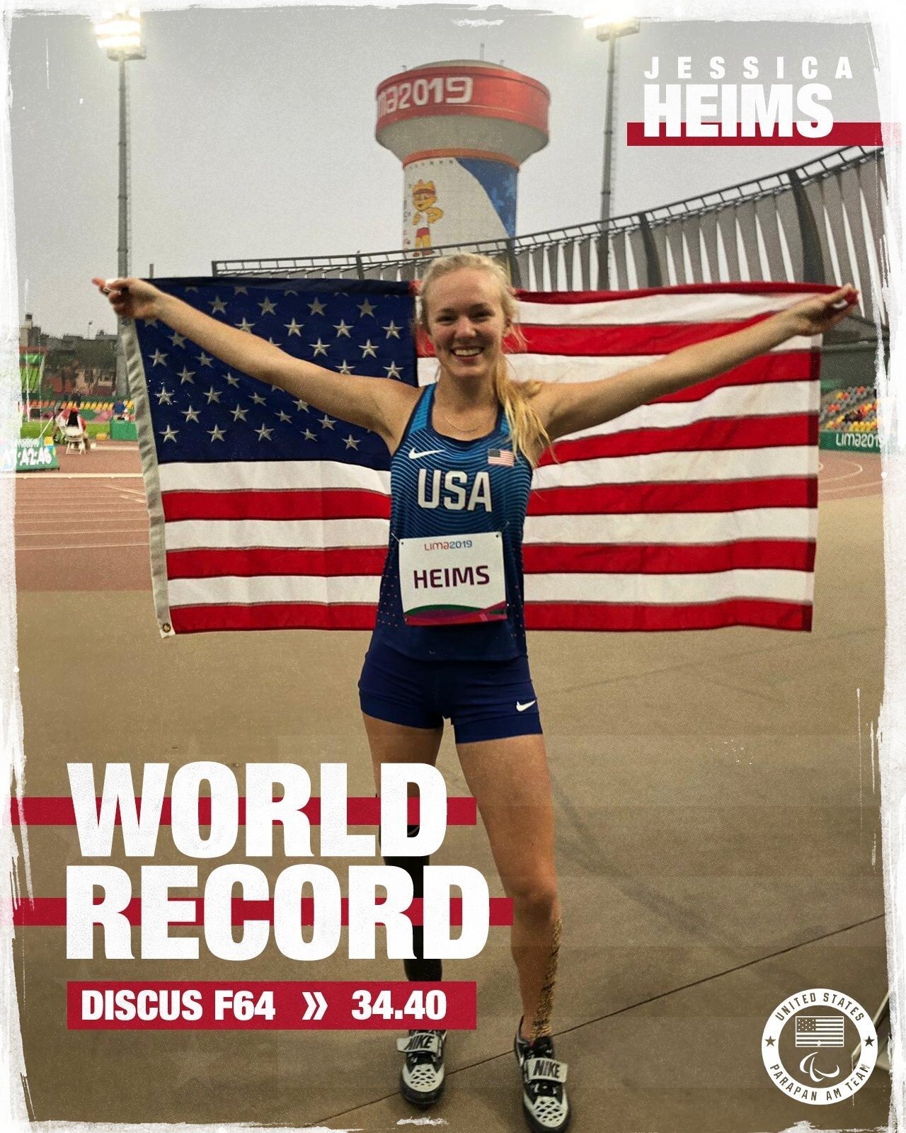 Jessica holding the USA flag and smiling. Large and bold text over the photo says "WORLD RECORD DISCUS F64, 34.40."